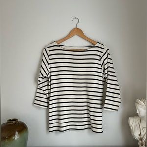 L.L. Bean Breton Stripe Top - Boatneck 3/4 Sleeve Navy Cream Peruvian Cotton